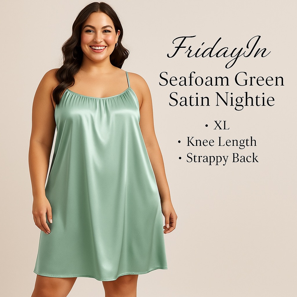 FridayIn Seafoam Green Satin Nightie XL Knee-Length Strappy Back